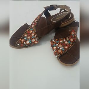 Brown Beaded Slingback Sandals with Multicolor Gems